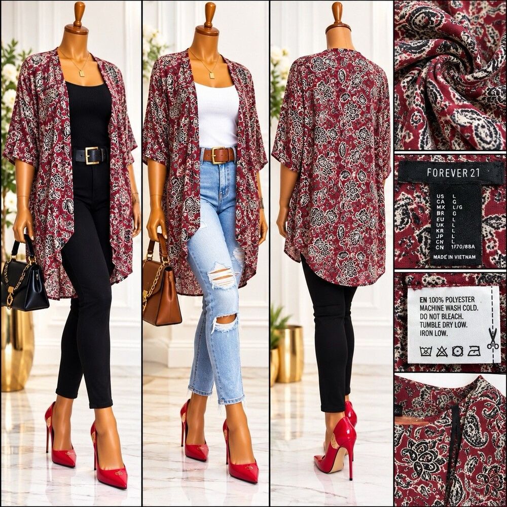 Women's Forever 21 Red Floral Kimono Duster Cardigan Large Boho Festival Y2K